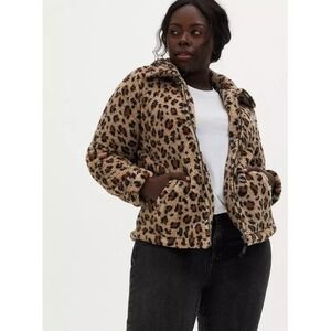 TORRID Tan Brown Leopard Print Sherpa Zip Up Going Out Avant Garde Jacket Sz 1X